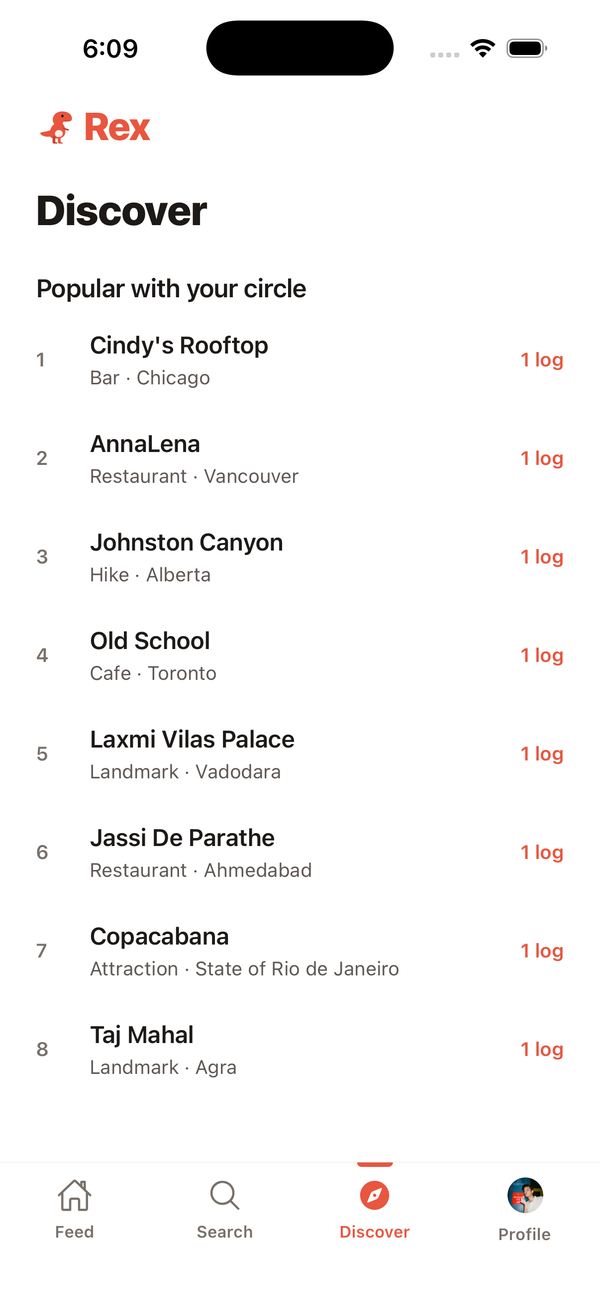 Rex Discover screen ranking places popular with your circle