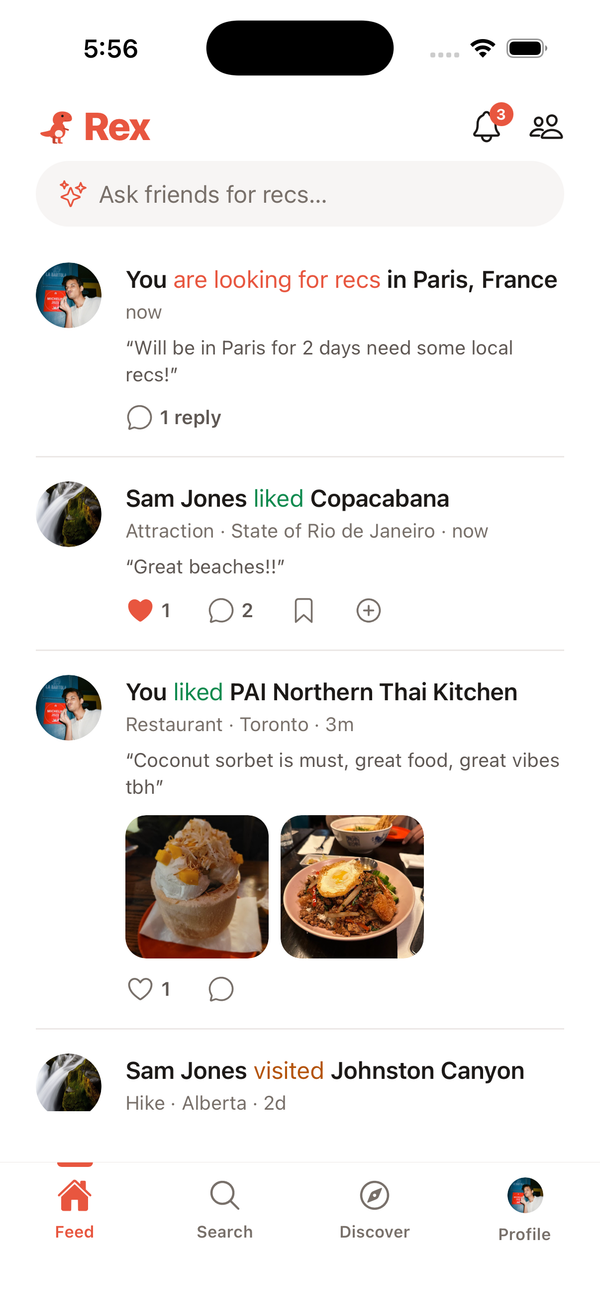 Rex feed screen showing friends' latest experiences and a rec request
