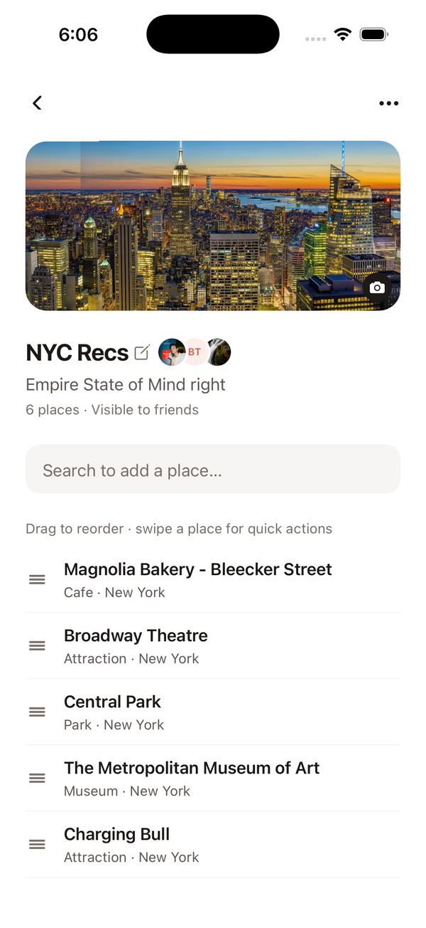A collaborative Rex list called NYC Recs with six saved places